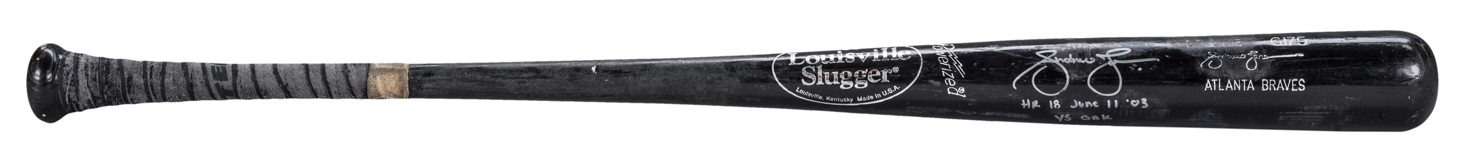 2003 Andruw Jones Game Used & Signed Louisville Slugger G175 Model Bat Used on 6/11/03 for Seasons 18th Home Run (PSA/DNA GU 10, Jones LOA & JSA)